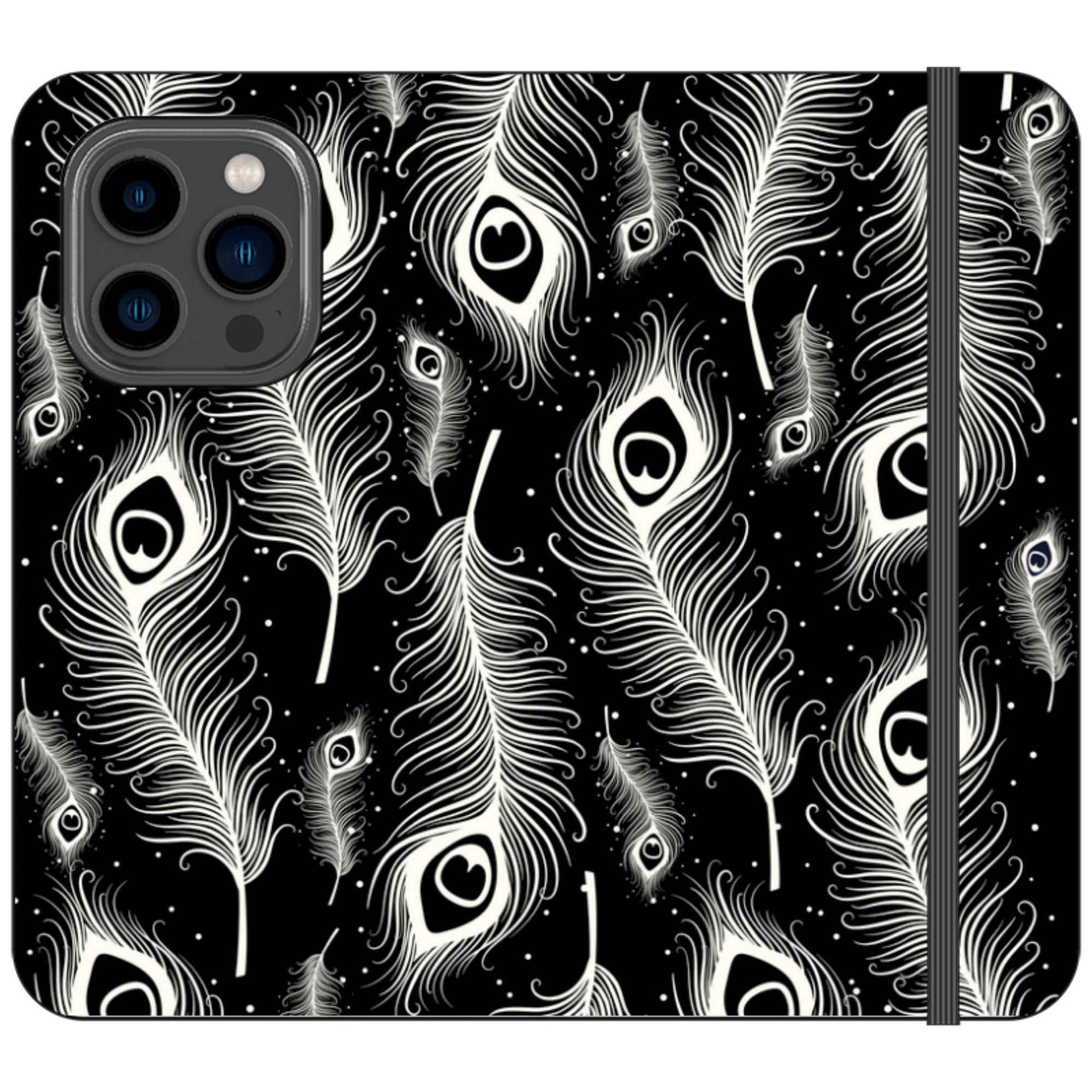 Feathers in Bloom Black- iPhone Folio Wallet Case — iPhone 14 Pro — Finnaij