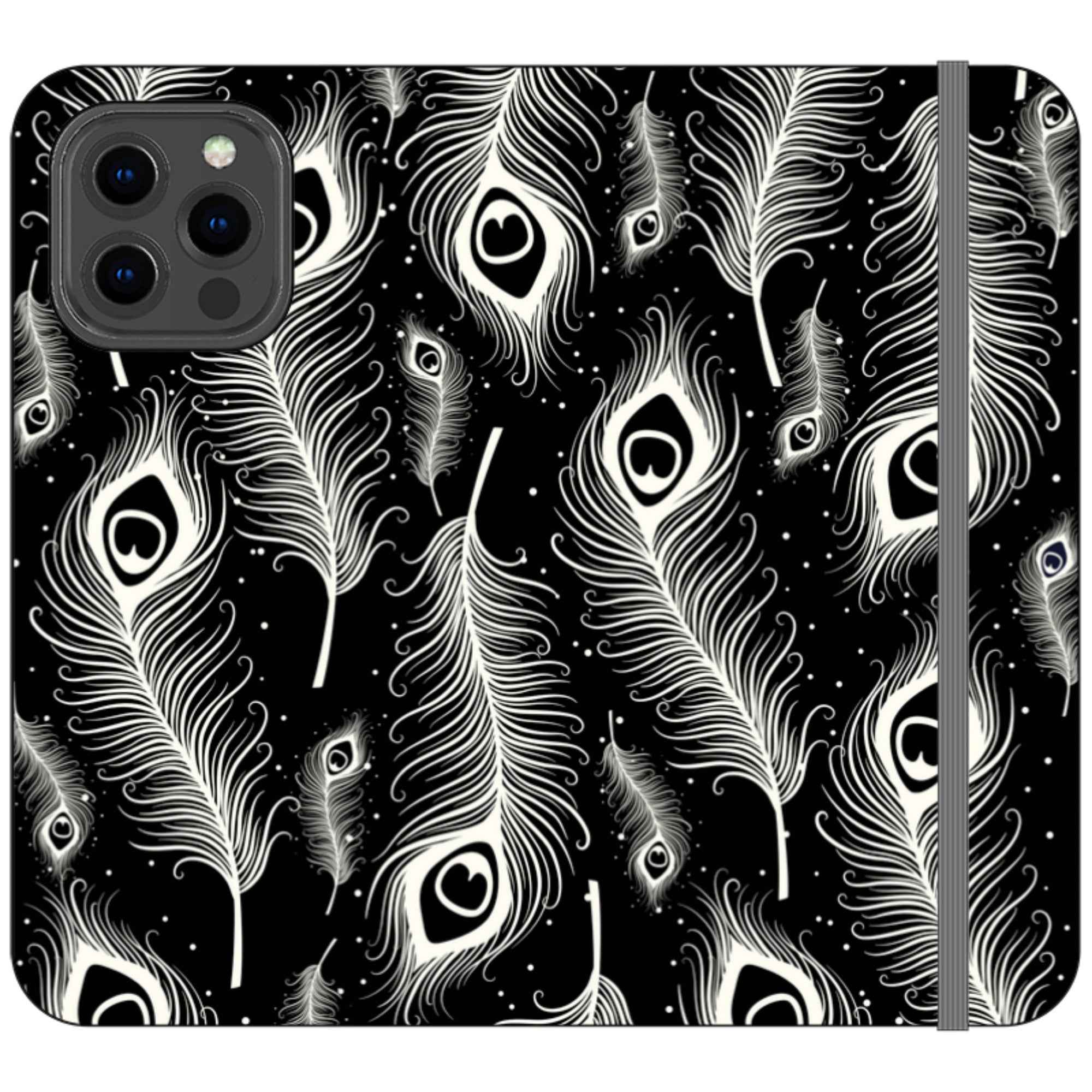 Feathers in Bloom Black- iPhone Folio Wallet Case — iPhone 13 Pro Max — Finnaij