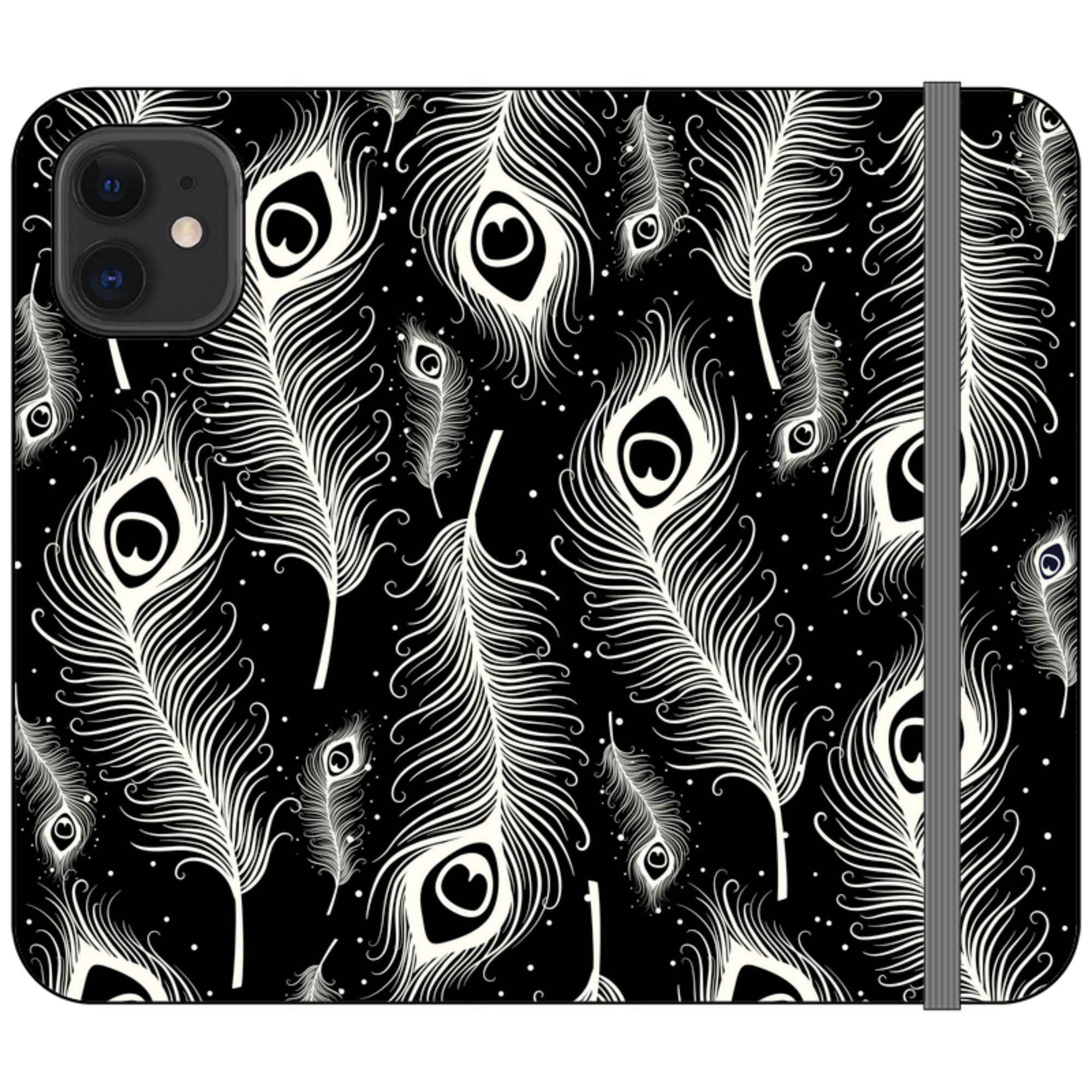 Feathers in Bloom Black- iPhone Folio Wallet Case — iPhone 12 Mini — Finnaij