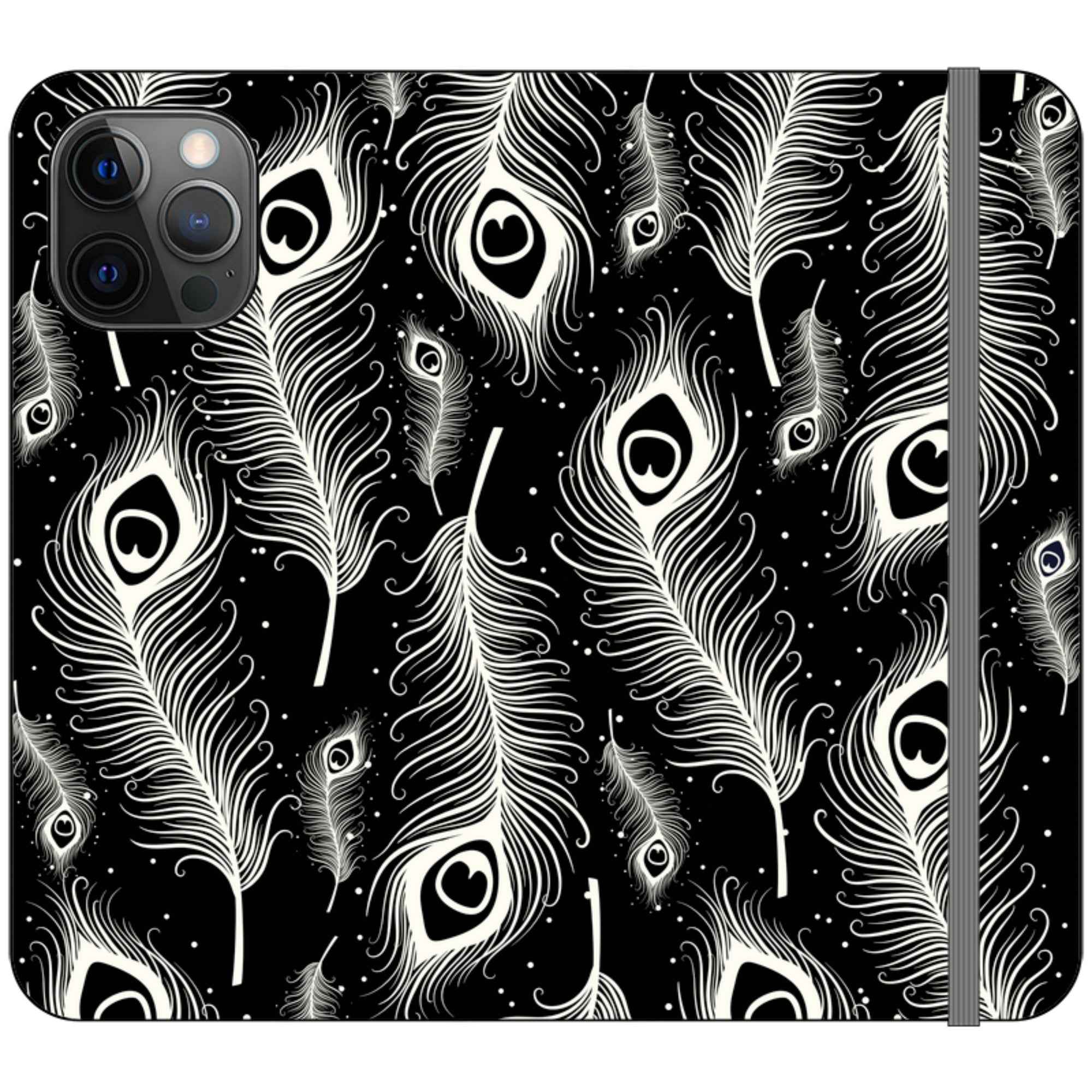 Feathers in Bloom Black- iPhone Folio Wallet Case — iPhone 12 Pro Max — Finnaij
