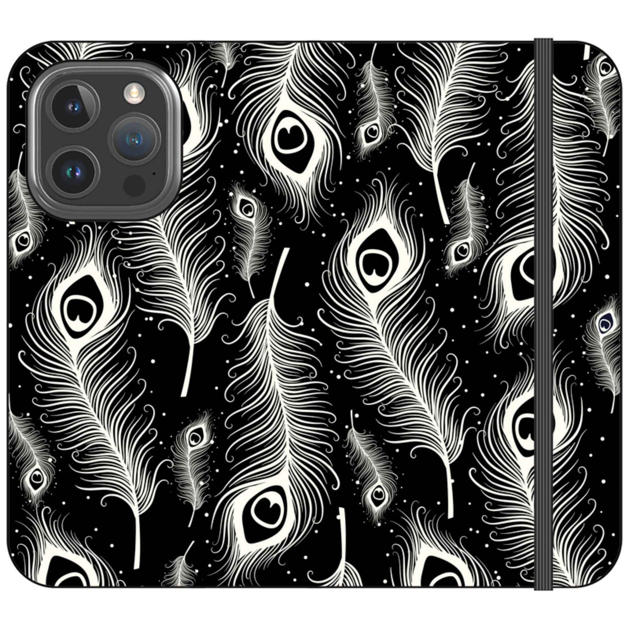 Feathers in Bloom Black- iPhone Folio Wallet Case — iPhone 16 Pro — Finnaij