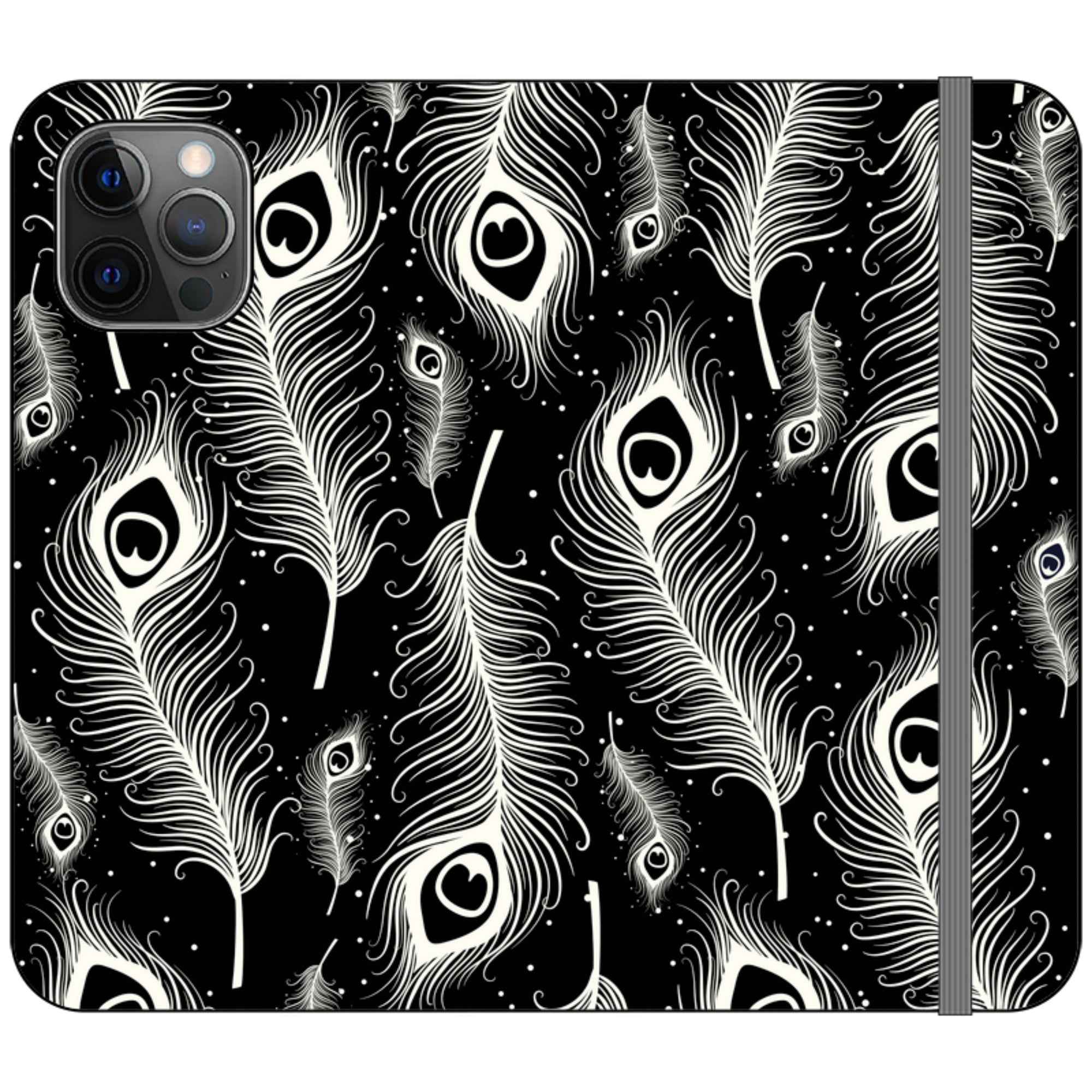 Feathers in Bloom Black- iPhone Folio Wallet Case — iPhone 12 Pro — Finnaij