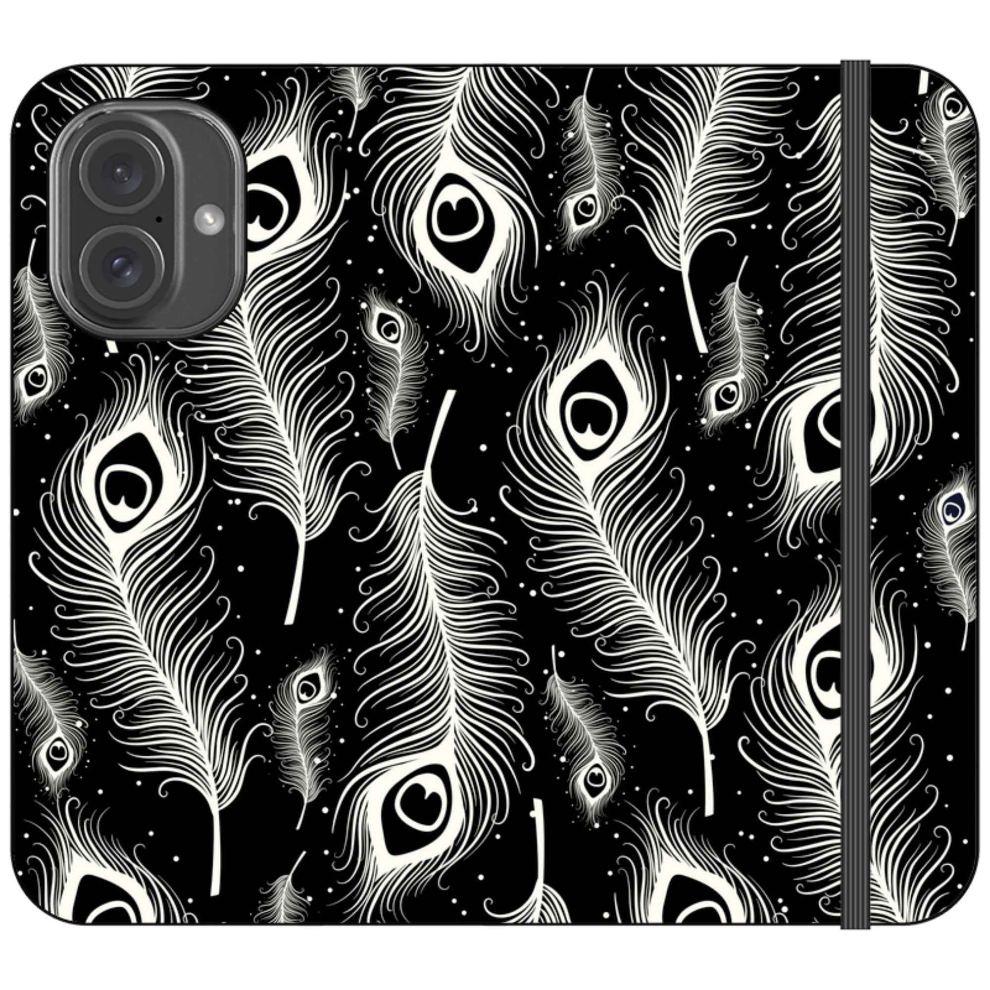 Feathers in Bloom Black- iPhone Folio Wallet Case — iPhone 16 — Finnaij