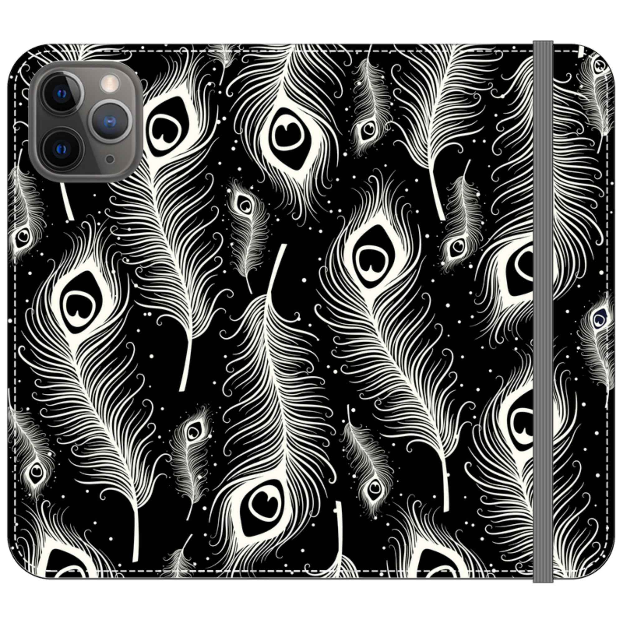 Feathers in Bloom Black- iPhone Folio Wallet Case — iPhone 11 Pro — Finnaij