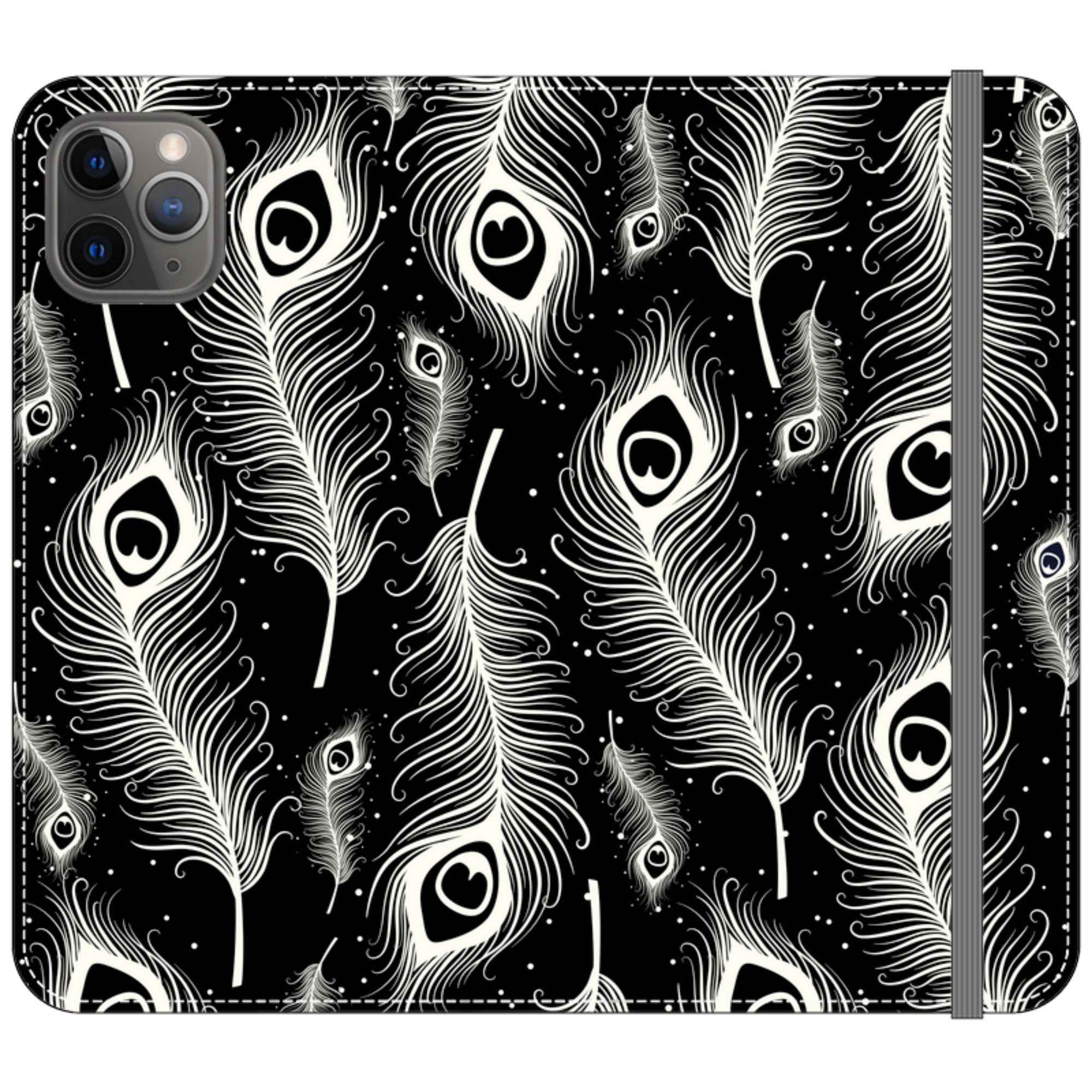 Feathers in Bloom Black- iPhone Folio Wallet Case — iPhone 11 Pro Max — Finnaij