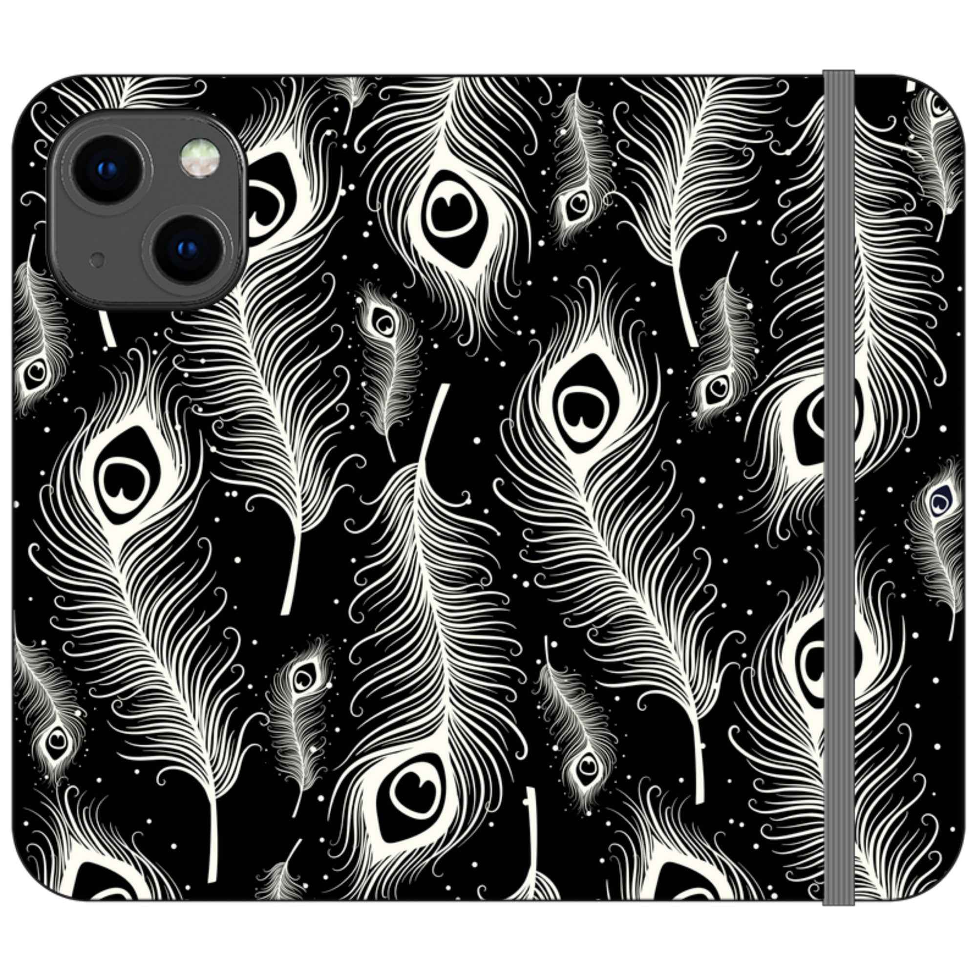 Feathers in Bloom Black- iPhone Folio Wallet Case — iPhone 13 Mini — Finnaij