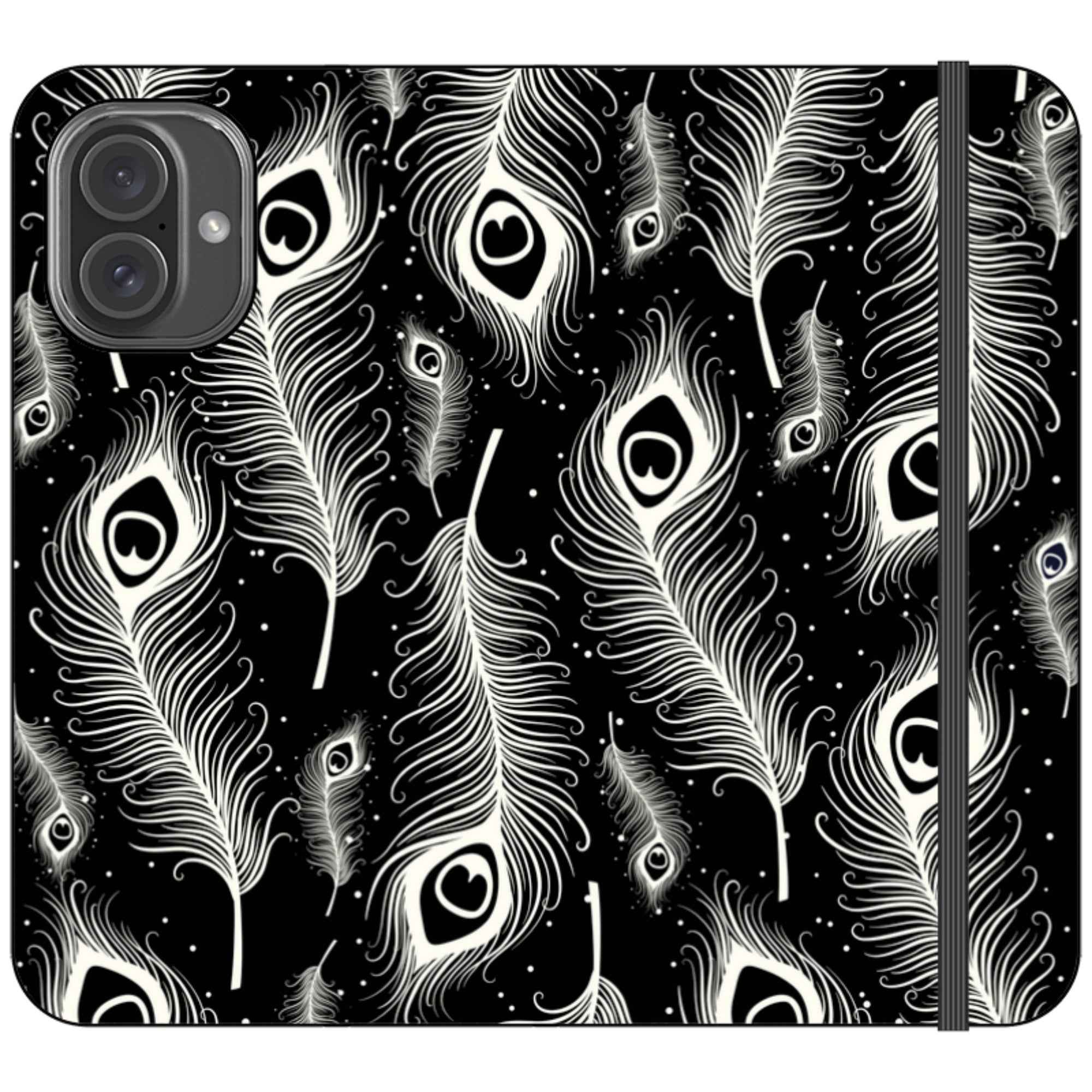Feathers in Bloom Black- iPhone Folio Wallet Case — iPhone 16 Plus — Finnaij