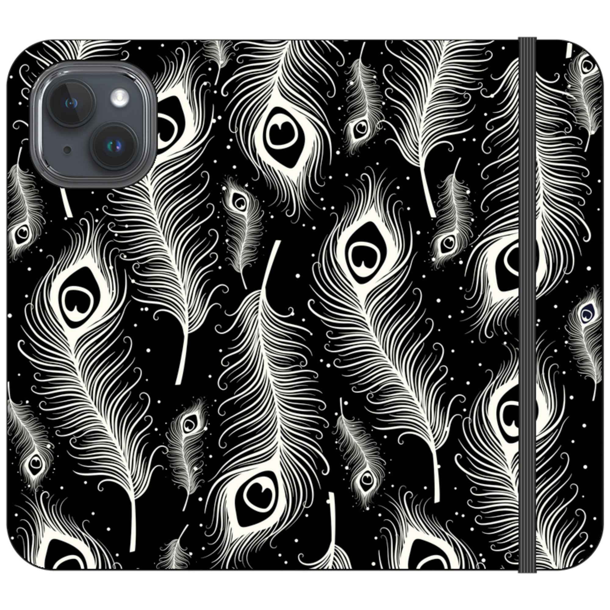 Feathers in Bloom Black- iPhone Folio Wallet Case — iPhone 15 — Finnaij