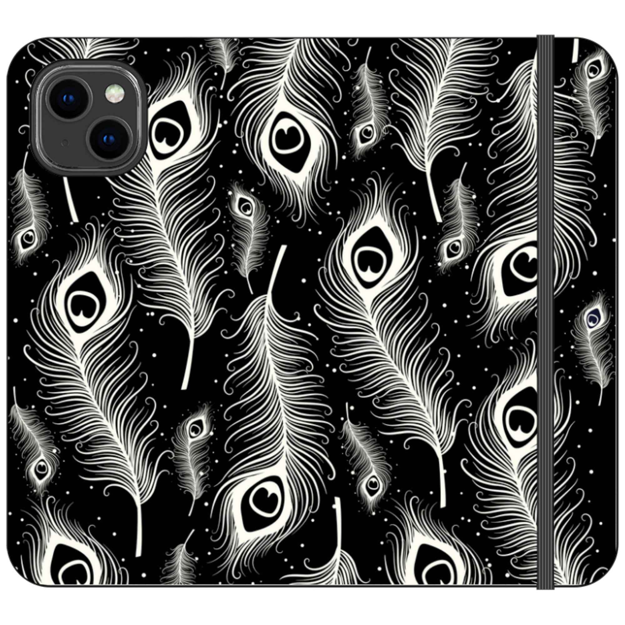 Feathers in Bloom Black- iPhone Folio Wallet Case — iPhone 14 Plus — Finnaij