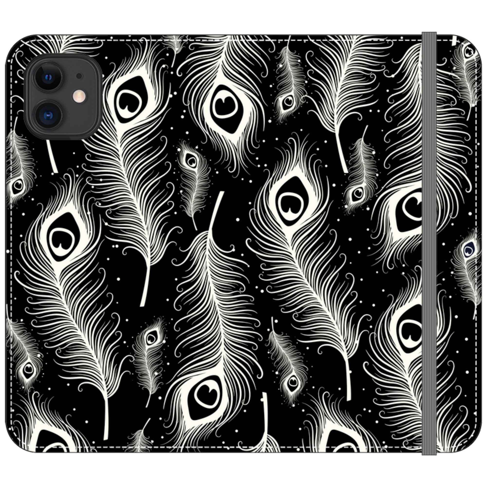 Feathers in Bloom Black- iPhone Folio Wallet Case — iPhone 11 — Finnaij
