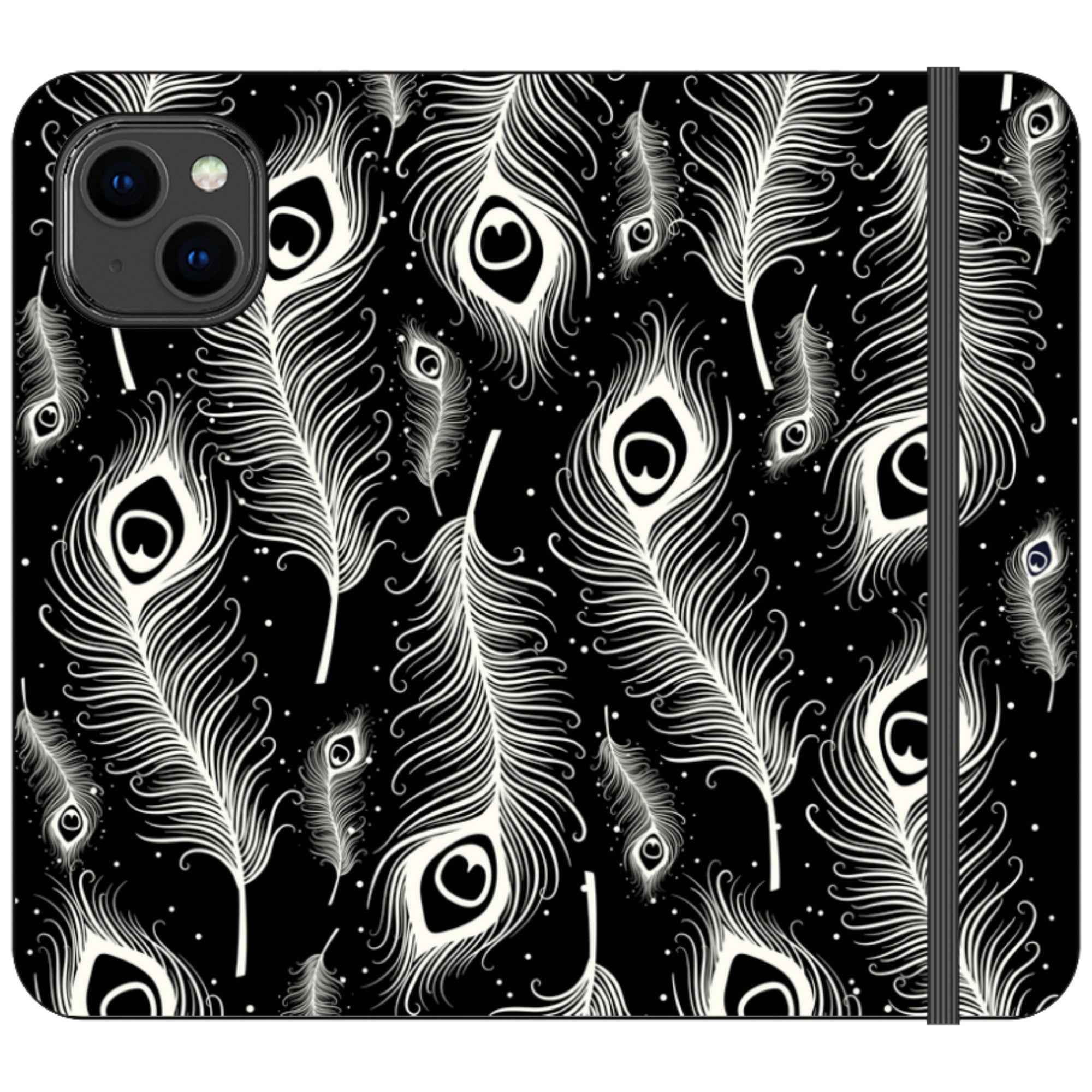 Feathers in Bloom Black- iPhone Folio Wallet Case — iPhone 14 — Finnaij