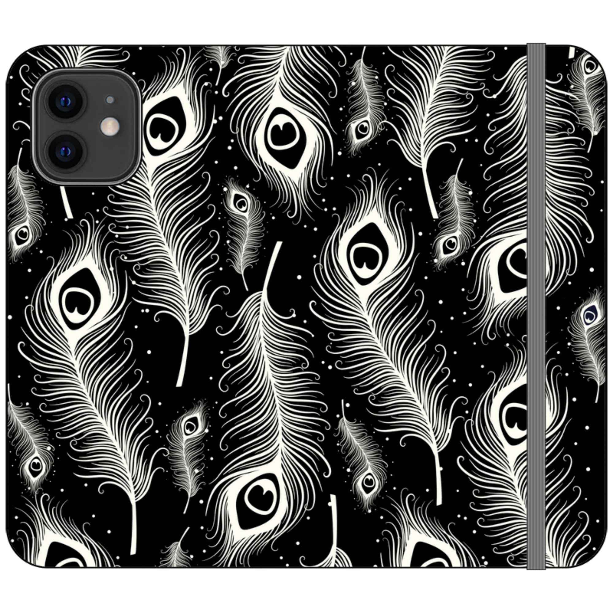 Feathers in Bloom Black- iPhone Folio Wallet Case — iPhone 12 — Finnaij
