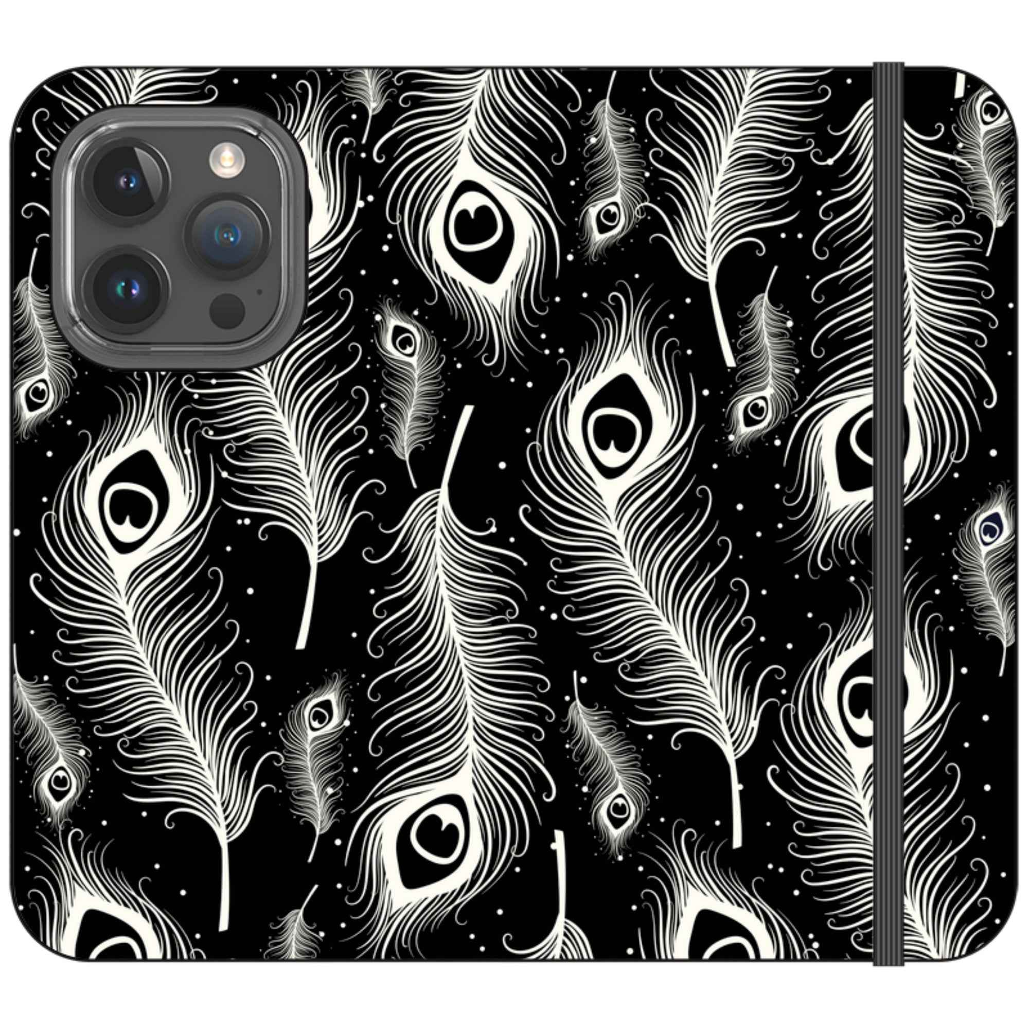 Feathers in Bloom Black- iPhone Folio Wallet Case — iPhone 15 Pro — Finnaij