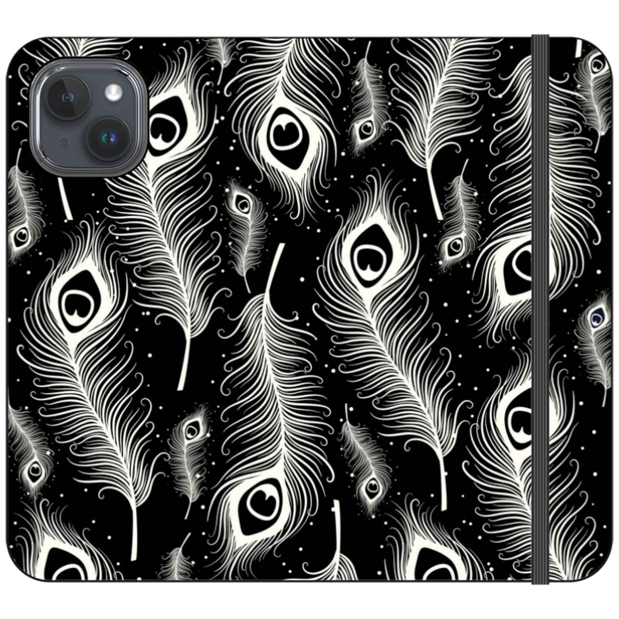Feathers in Bloom Black- iPhone Folio Wallet Case — iPhone 15 Plus — Finnaij