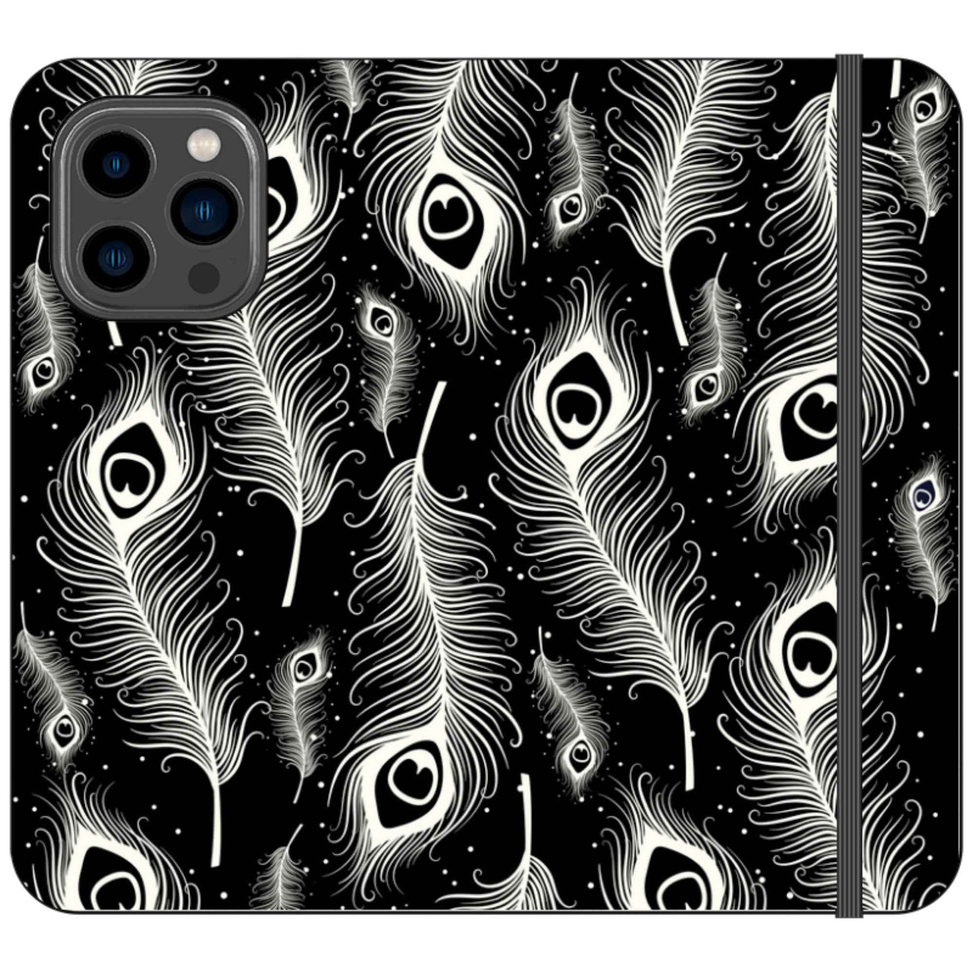 Feathers in Bloom Black- iPhone Folio Wallet Case — iPhone 14 Pro Max — Finnaij