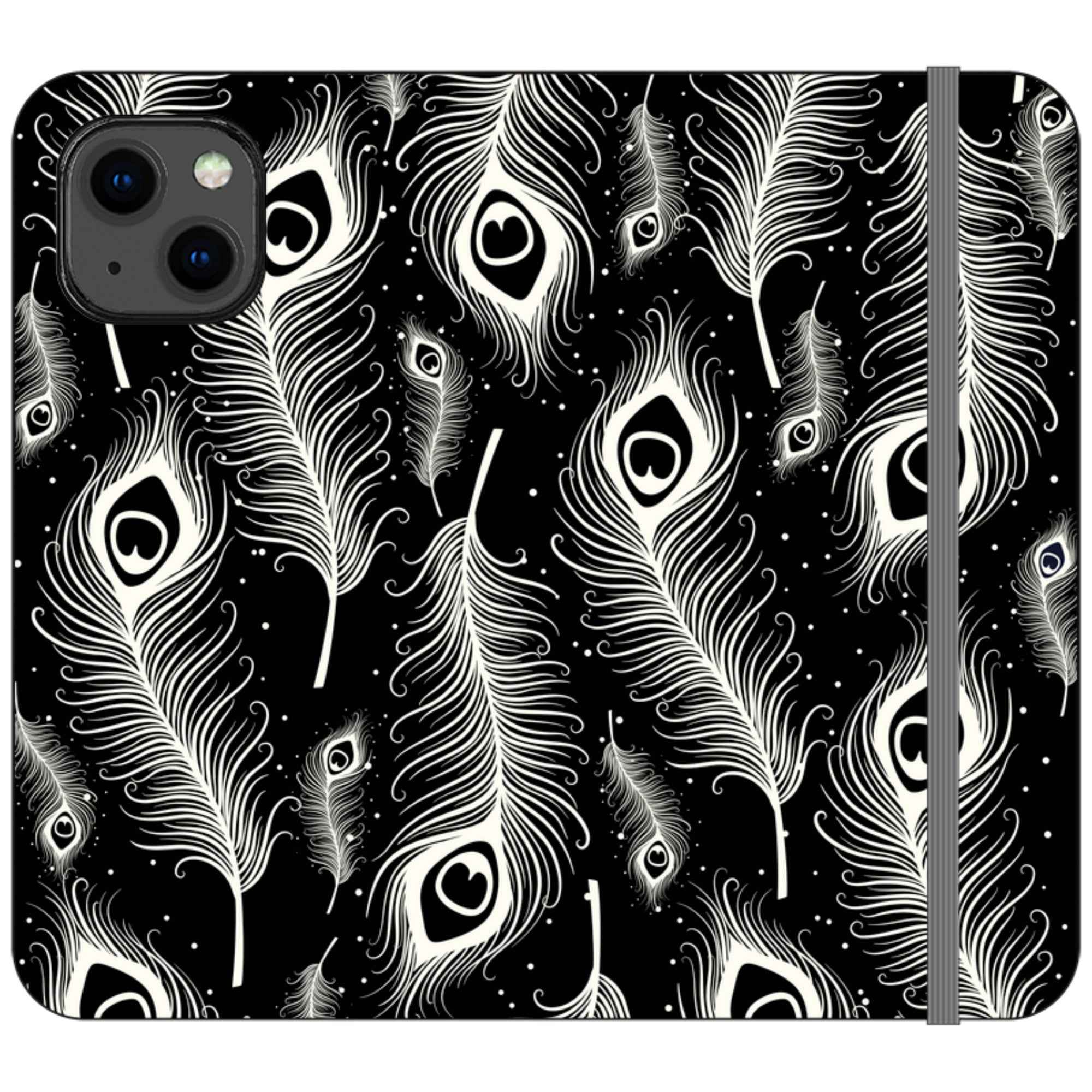 Feathers in Bloom Black- iPhone Folio Wallet Case — iPhone 13 — Finnaij